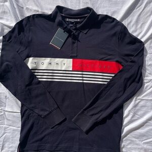 Men’s Medium Tommy Hilfiger Navy Polo with Logo Red and White Stripes